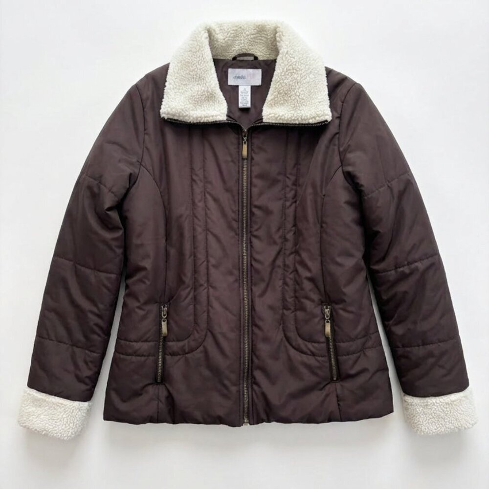 Style & Co Sport Brown Quilted Jacket Faux Shearling Collar Size Medium - Picture 2 of 4